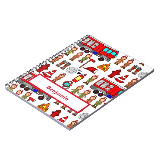 Rode brandweerauto en brandweerlieden notitieboek (Linkerzijde)