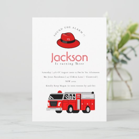 Rode brandweerauto motor kinderen verjaardagsuitno bedankkaart (Staand voorkant)