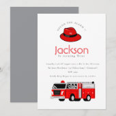 Rode brandweerauto motor kinderverjaardagsuitnodig bedankkaart (Voorkant / Achterkant)