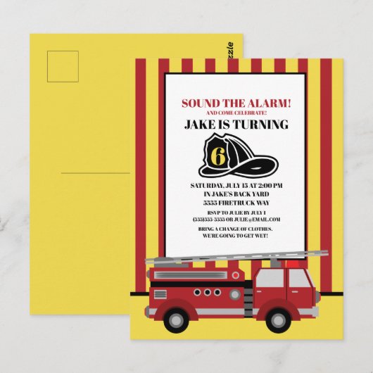 Rode brandweerwagen brandweerman kind 6de verjaard briefkaart (Voorkant / Achterkant)