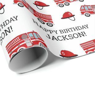 Rode brandweerwagen en hoed gepersonaliseerde verj cadeaupapier
