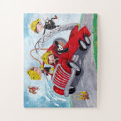 Rode brandweerwagen met schattige brandweerjongens legpuzzel (Verticaal)