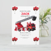 Rode brandweerwagen verjaardagsfeestje kaart (Staand voorkant)