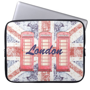 Rode Britse telefooncel op de achtergrond van Unio Laptop Sleeve