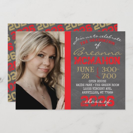 Rode & Bronzen Gouden Schoolbord Afstudeeruitnodig Kaart (Voorkant / Achterkant)