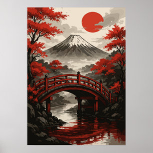 Rode brug en het Japanse landschap van Mount Fuji Poster