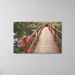Rode brug over vijver, Magnolia Plantation, Canvas Afdruk
