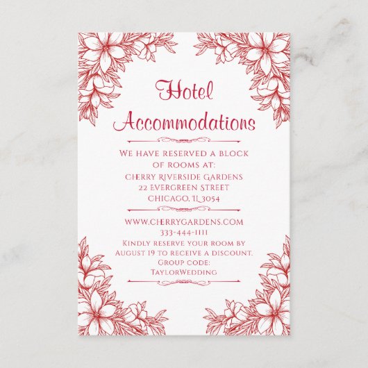 Rode  bruiloft hotel accommodatie informatiekaartje (Voorkant)