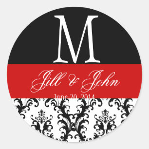 Rode bruiloft Monogram Namen Datum Damask Seal Ronde Sticker