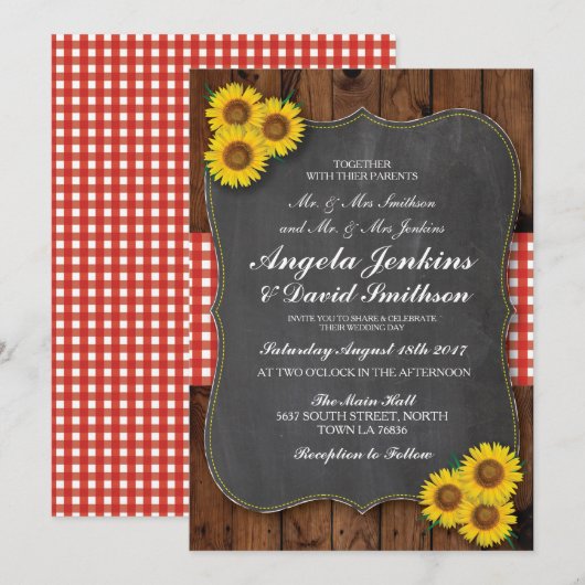 Rode bruiloft Rustieke Zonnebloem Hout Chalk Uitno Kaart (Voorkant / Achterkant)