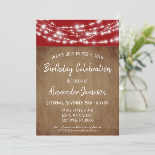 Rode bruine lichtjes Birthday Party Invitation Adu Kaart (Staand voorkant)