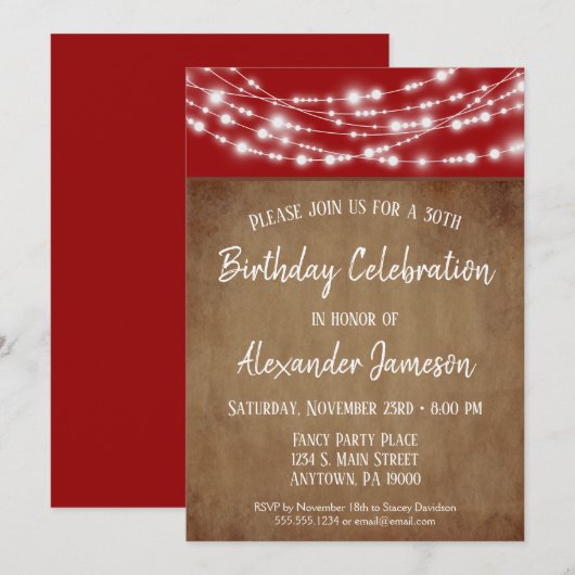 Rode bruine lichtjes Birthday Party Invitation Adu Kaart (Voorkant / Achterkant)