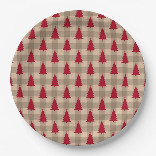 Rode bruine tan buffelplaid rustieke kerst papieren bordje (Voorkant)