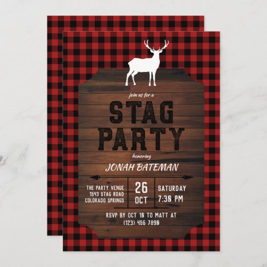 Rode Buffalo Check & Herten Jacht Feest Kaart (Voorkant / Achterkant)