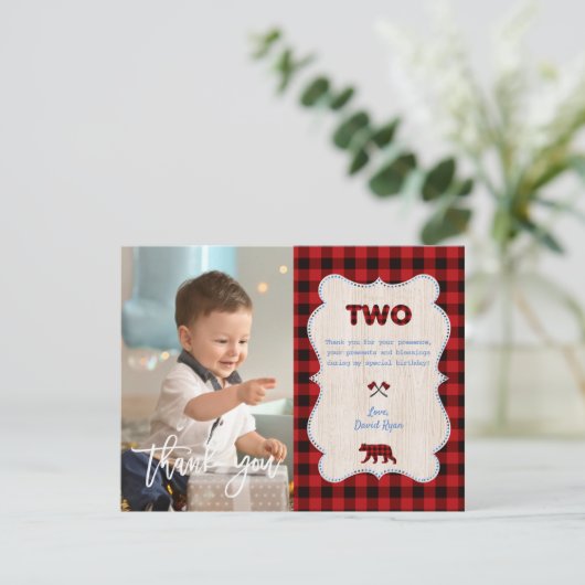 Rode Buffalo Foto Jongen Tweede Verjaardag Bedankkaart (Staand voorkant)