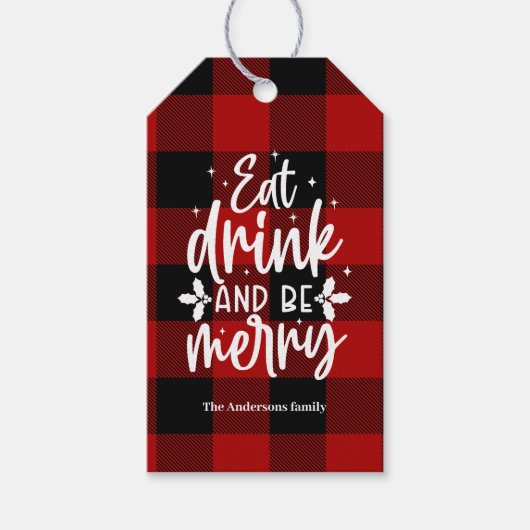 Rode Buffalo geruite "Eet, Drink & Wees Vrolijk" Cadeaulabel (Voorkant)