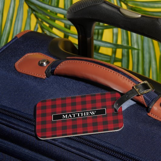 Rode Buffalo geruite gepersonaliseerde Bagagelabel (Voorkant Insitu 3)