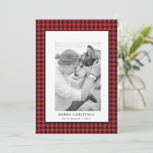 Rode Buffalo geruite huisdier foto kerstkaart (Staand voorkant)