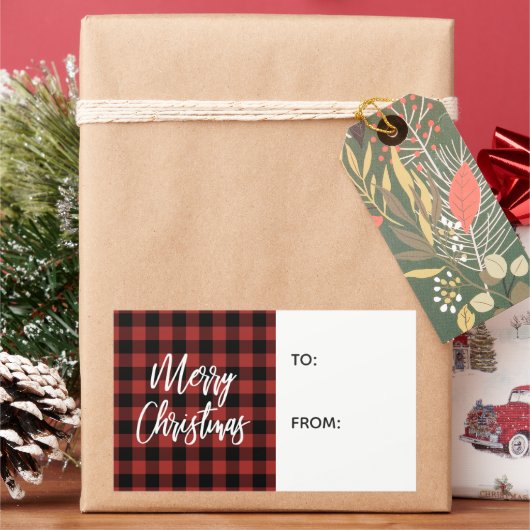 Rode Buffalo geruite Kerstcadeau-etiket Rechthoekige Sticker (Feestdagen)