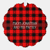 Rode Buffalo geruite stof met sterren Kerstmis op Ornament Kaart (Achterkant)