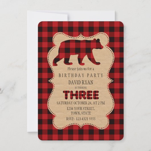 Rode Buffalo geruite verjaardag DRIE Maatwerk Kaart (Achterkant)