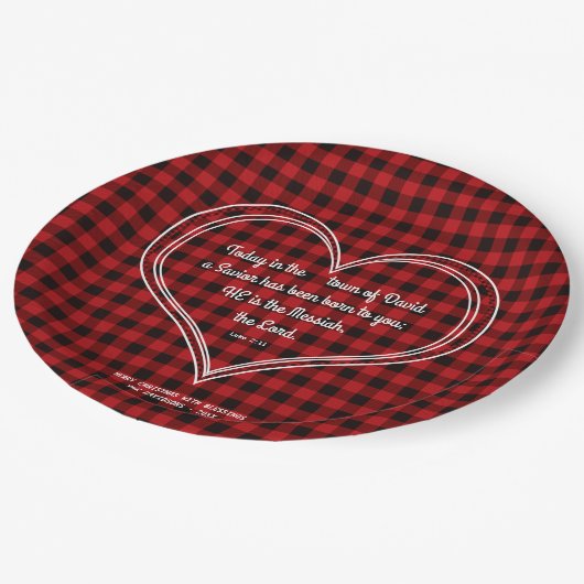 Rode Buffalo Patroon Bijbelvers Kerstmis Papieren Bordje (Gekanteld)