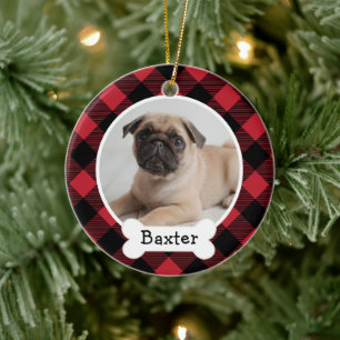 Rode Buffalo Plaid Aangepaste Huisdier Puppy Hond Keramisch Ornament