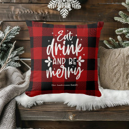 Rode Buffalo Plaid “Eet, Drink & Wees Vrolijk” Kussen