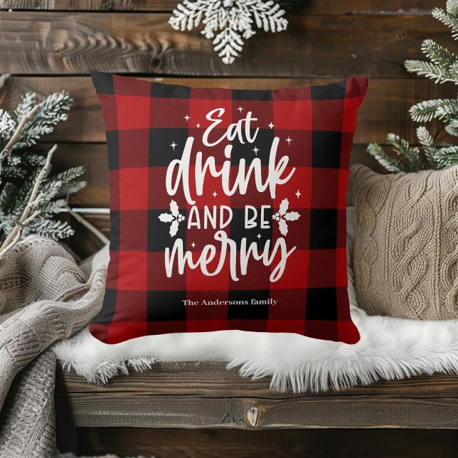 Rode Buffalo Plaid “Eet, Drink & Wees Vrolijk” Kussen (Creator heeft geüpload)