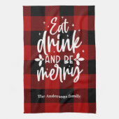 Rode Buffalo Plaid “Eet, Drink & Wees Vrolijk” Theedoek (Verticaal)