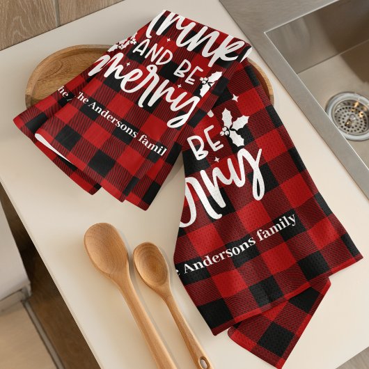 Rode Buffalo Plaid “Eet, Drink & Wees Vrolijk” Theedoek