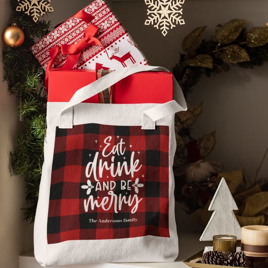 Rode Buffalo Plaid “Eet, Drink & Wees Vrolijk” Tote Bag