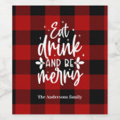 Rode Buffalo Plaid “Eet, Drink & Wees Vrolijk” Wijn Etiket (Enkel label)