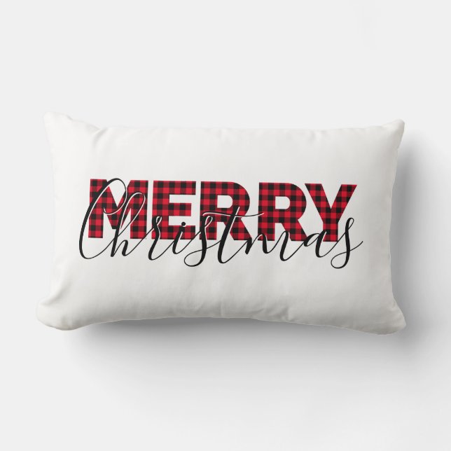 Rode Buffalo Plaid Elegante Script Prettig Kerstfe Kussen (Voorkant)