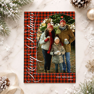 Rode Buffalo Plaid Elegante Script Prettig Kerstmi Feestdagenkaart