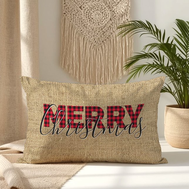 Rode Buffalo Plaid en Calligrafie Prettig Kerstfee Kussen (Red Buffalo Plaid and Calligraphy Merry Christmas Lumbar Pillow)