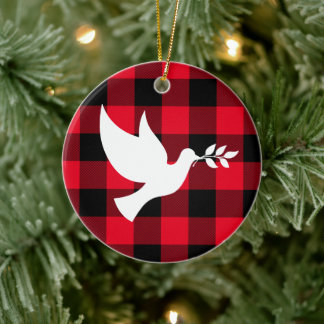 Rode Buffalo Plaid en Witte Vredesduif Keramisch Ornament