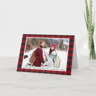 Rode Buffalo Plaid Gelukkig Nieuwjaar Foto Feestdagen Kaart
