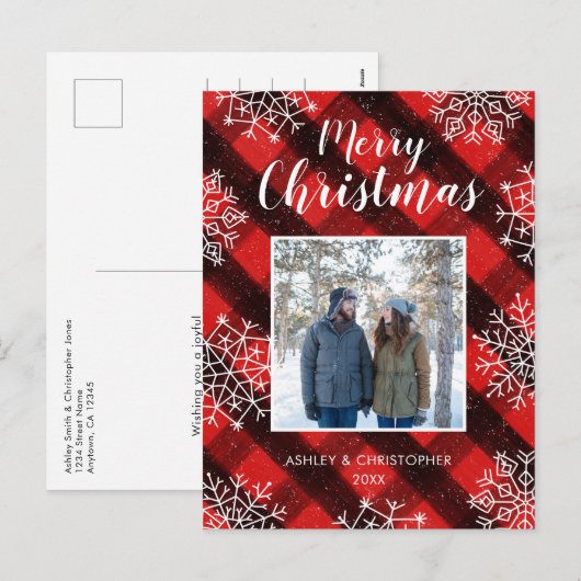 Rode Buffalo Plaid Geschilderde Tartan Kerstfoto Feestdagenkaart (Voorkant / Achterkant)