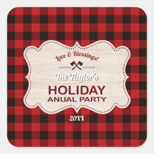 Rode Buffalo Plaid Houten Kerst Jaarlijks Feest Vierkante Sticker