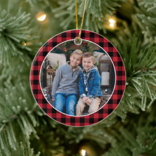 Rode Buffalo Plaid Kerstmis Familiefoto Keramisch Ornament
