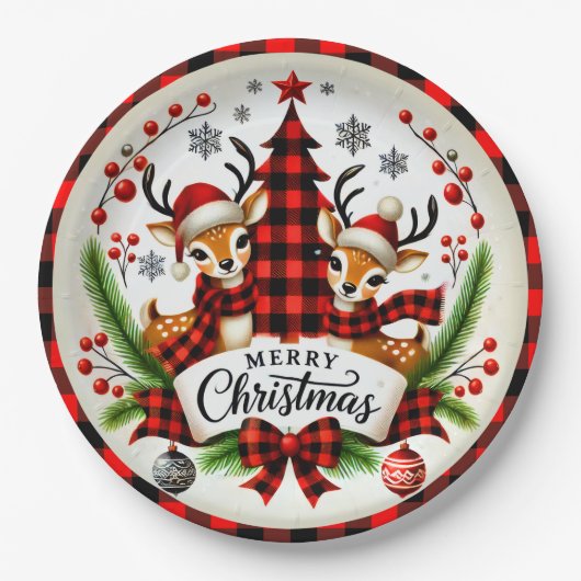 Rode Buffalo Plaid Kerstmis Papieren Bordje (Voorkant)