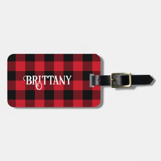 Rode Buffalo Plaid Kerstsok Naamlabel Bagagelabel (Voorkant horizontaal)