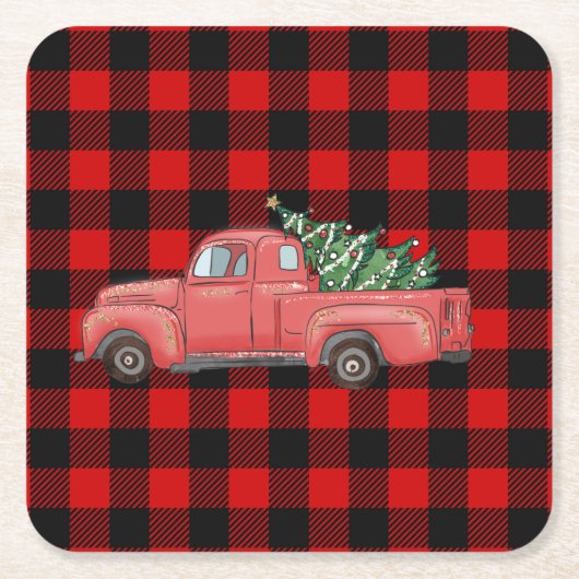 Rode Buffalo Plaid Kerstwagen Kartonnen Onderzetters (Voorkant)