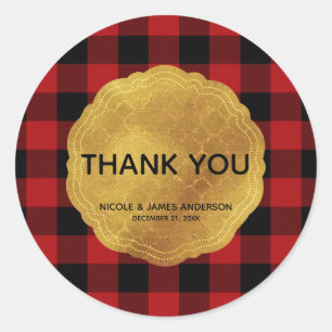 Rode Buffalo Plaid met Gouden Glam voor een Landel Ronde Sticker