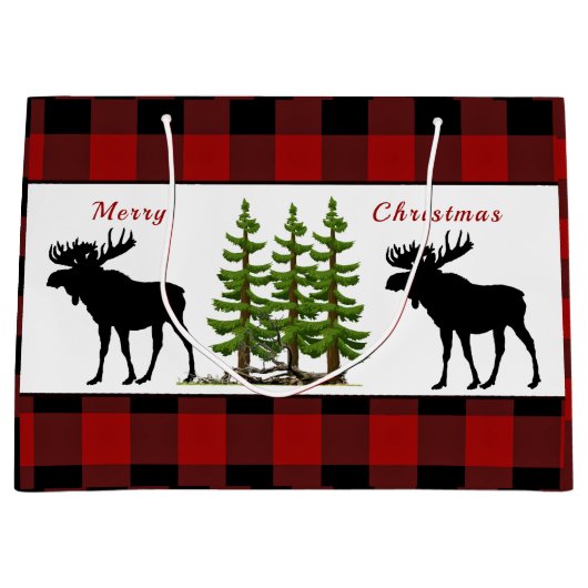 Rode Buffalo Plaid met Moose Christmas Gift Bag Groot Cadeauzakje (Voorkant)