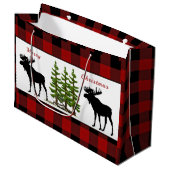 Rode Buffalo Plaid met Moose Christmas Gift Bag Groot Cadeauzakje (Voorkant Gekanteld)