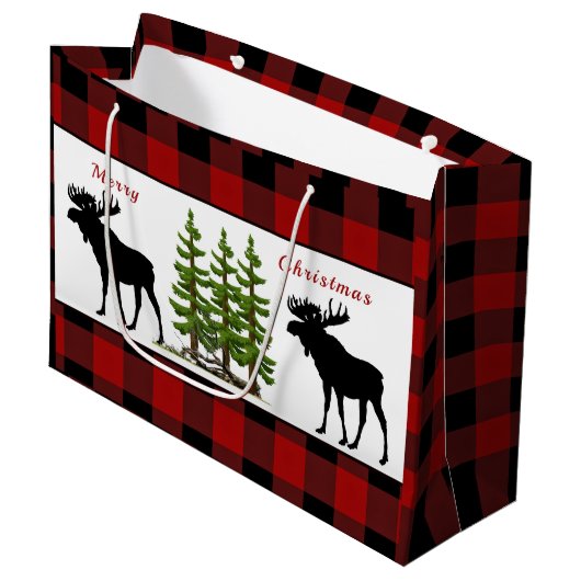 Rode Buffalo Plaid met Moose Christmas Gift Bag Groot Cadeauzakje (Voorkant Gekanteld)