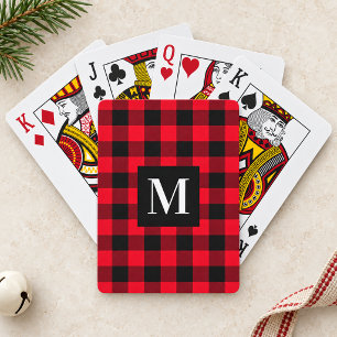 Rode Buffalo Plaid Monogram in het Rustieke Zwart Pokerkaarten