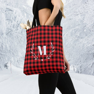 Rode Buffalo Plaid Monogram Kerstmis Tote Bag